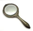 Antique Art Nouveau Beveled Hand Mirror Silver Plate Gold Tone 1905 11 5  L
