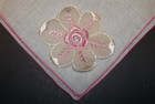 Vintage Ladies Full Size Handkerchief All Cotton Rn13960 Pink Embroidered Flower