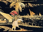 Vtg Mixed Media Collage Painting W real Bamboo On Black Velvet Thailand Framed