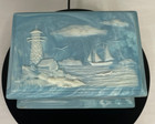 Vintage Genuine Incolay Stone Jewelry Box Blue White Nautical Lighthouse Boat