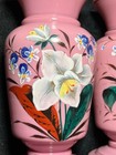 Antique Victorian Bristol Pink Opaline Milk Glass Floral Painted Pair Of 2 Vases