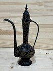 Antique Middle Eastern Islamic Brass Ewer Pitcher Engraved Black Patina Decor
