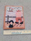 Miniature Folk Art Hooked Wool Rug Nautical Scene Vintage Boat Ship Man