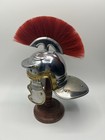 Roman Style Polished Metal Helmet 11in W  Red Plume   Wooden Display Stand
