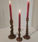 Vintage Mcm Handmade Barley Twist Polished Wood Spiral Candlesticks Set  3 Boho