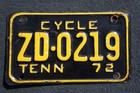 1972 Tennessee Motorcycle License Plate   Zd - 0219