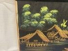 Southeast Asian Village Scene Painting With Boat On Fabric In Wood Frame Signed