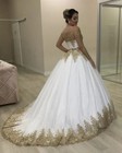 Gold Lace Wedding Dresses Ball Gown Off Shoulder Long Sleeves Bride Gowns Custom