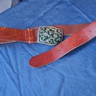 Vintage Brown Leather Belt With Ornate Green Silver Metal Buckle