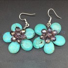 Natural Turquoise Teardrop Gems Beads Crystal Flower Dangle Silver Hook Earrings