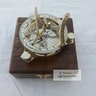 Antique Vintage Marine Collectible Brass Sundial Compass With Brown Wooden Box