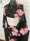 Japanese Yukata 5-piece Set     Black With Pink Peony Floral Print  Cotton Kimono