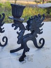 Vintage 1950 Black Cast Iron Dragon Or Griffin  Tulip Cup Candlestick Holders