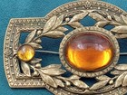 Large Rare Antique Brass   Cabochon Amber Color Glass Pin  C Clasp - 3 5  X 2 1 