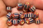  10  Huron Indian Red White Blue Chevron Glass Trade Beads Fur Trade 1800 s