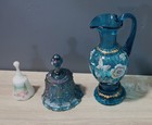Fenton Signed Lot Blue Floral Pitcher   Vase And 2 Bells Carnival   Milk Glass