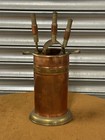 Vintage Copper   Brass Fireside Companion Set Brush Poker Tongs Stand 