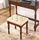 Beige Leather Vanity Stool Carved Wood Footstool Padded Cushioned Piano Bench