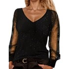 Women Sequin Top Long Sleeve T Shirt V-neck Mesh Sleeve Blouse Loose Casual