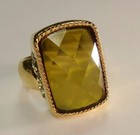 Vintage Gold Plated Olive Acrylic Jewel Rhinestone Side Large Cocktail Ring S545