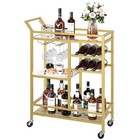 3-tier Bar Cart With Mirrored Top  Wine Rack   Glass Holder  Rolling Drink Cart