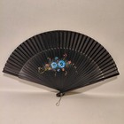 Vintage Asian Japanese Black Painted Floral Design 15  Folding Hand Fan With Box