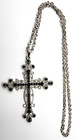 Christian Victorian Revival Silver Cross Pendant Filigree Black Stones 26  Chain