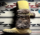 Vintage Buckskin Beaded Mukluks First Nations Moccasins Rabbit Fur Green White