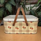 Vintage Cream Plaid Red Flower Tin Metal Hinged Lid Wood Handles Picnic Basket