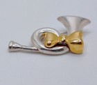 Vintage French Horn Bugle Brooch Instrument Music Silver Tone Gold Tone Bow