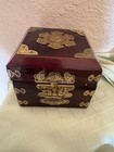 Vintage Chinese Lacquered Wood Brass Jewelry Trinket Box Velvet Lined W  Lock