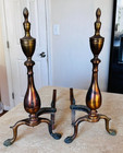 Vtg Brass   Cast Iron Fireplace Andirons Pair Claw Feet 21  H  X  9 5 w X 17 5 d