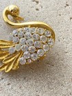 Vintage Gold Tone Swan Brooch Pin Figural Bird Clear Rhinestone Whimsical