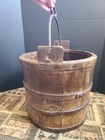 Antique Primitive Wooden Well Water Bucket Metal Bands Wood Vintage 12  Tall