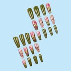 24pcs 3d Floral Press-on Nails - Green pink W  Gold Details