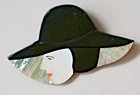 Vintage Lady Mother Of Pearl Abalone Shell Woman In Wide Black Brim Hat Brooch