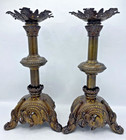 Large Antique Pair Of French Church Candlesticks 19th Century Bronze Religious