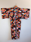 Kimono Robe Large Japanese Long Black Multicolor Asian Floral Japan Vtg