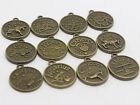 12 Bronze Tone Alloy Zodiac Astrology Horoscopes Charm Pendants 16mm Double Side