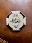 Vintage Art Deco Enamel Powder Compact Floral Guilloche Black White Octagonal
