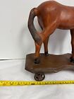 Vintage Wooden Hand Carved Horse Pull Toy Cart Cast Iron Wheels Antique