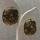 Unique Gold Tone Clip On Oval Earrings Tribal Design Geometric Textured Jewelry