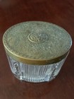Vintage Art Deco Footed Glass Powder Box Dresser Jar Floral Embossed Brass Lid