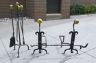 Monumental Arts   Crafts Hand Wrought Iron Brass Fireplace Fire Tool Andiron Set