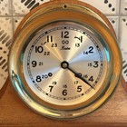 Vtg Boston Chelsea Brass Nautical Ship   s Bell Mechanical Clock Mahogany Base Key