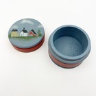 1988 Vintage Shaker Style Hand Painted Round Wooden Box   Lid Houses Small 2 x2 