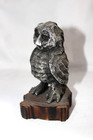 Vintage Pewter Brutalist Style Owl Sculpture On Natural Wood Base Heavy