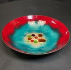 Vintage Signed    irene    Mcm Enamel On Copper 9    Bowl Dish Red Turquoise Abstract