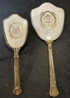 Victorian Vanity Set Hair Brush And Hand Mirror Pink Blue Floral Gold Trim Vtg