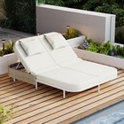Patio White Rattan Daybed With Adjustable Backrest  Iron Frame Bed Loveseat